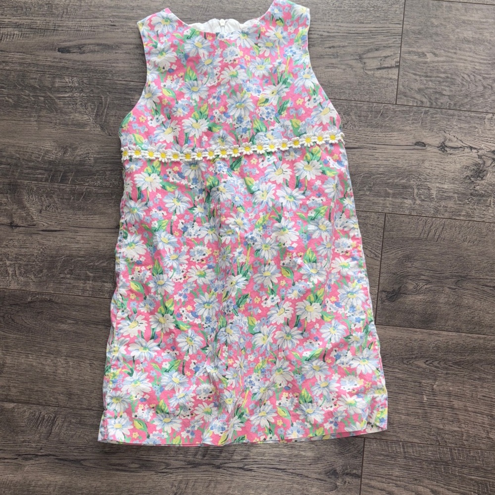 Girls Pink Floral Daisy Dress with Lace Trim